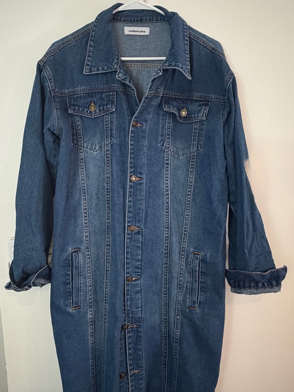 Long Denim Jacket Coat in Dark Blue - women
